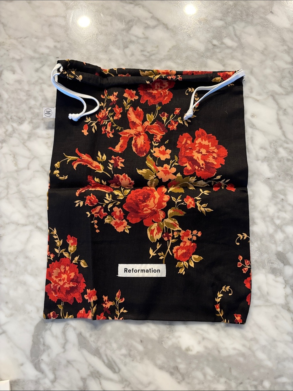 Reformation Floral Drawstring Bag - Black with Red Floral Print